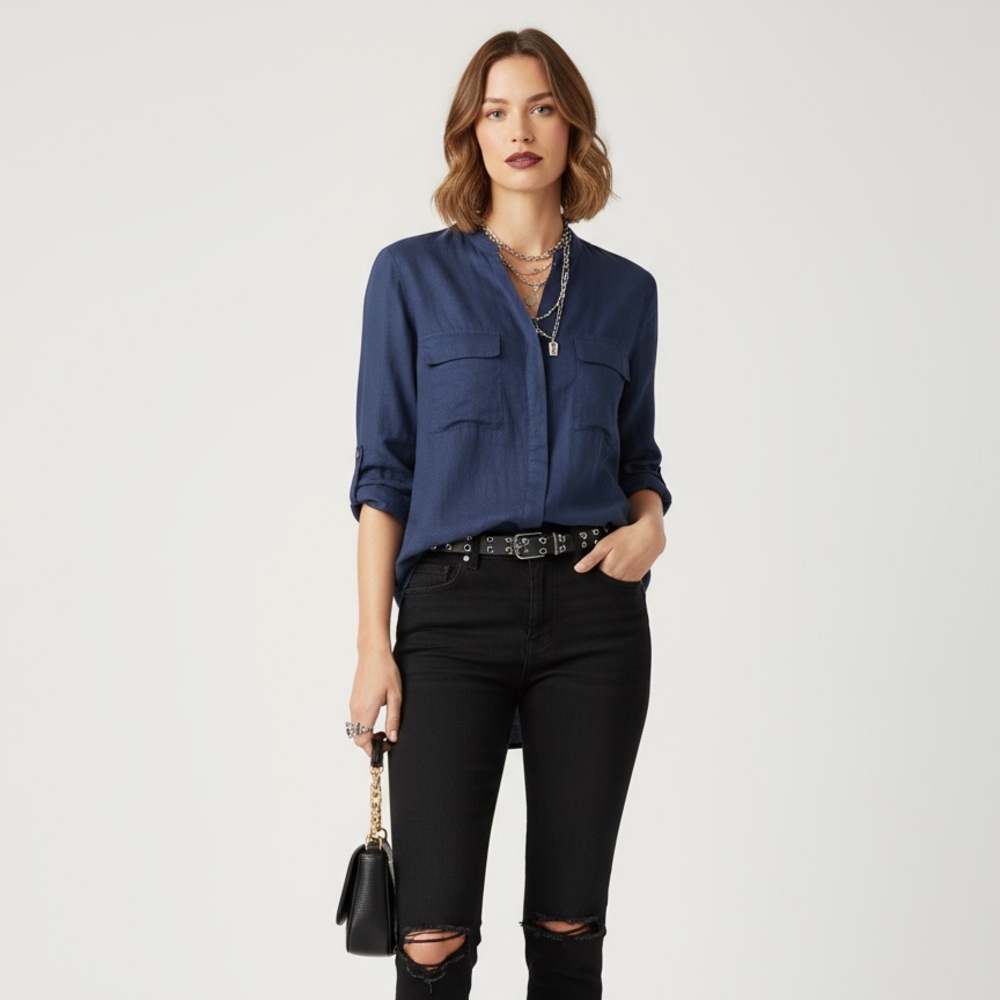 Talbots Navy Blouse with Pocket Detail